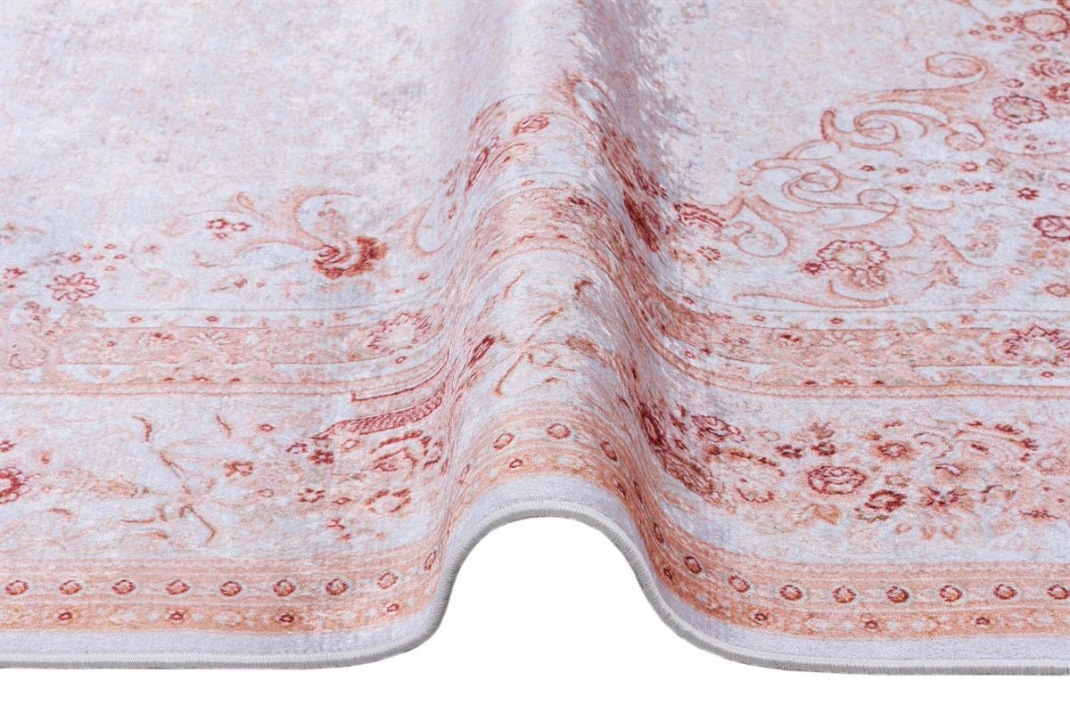 Blush Pink Vintage Floral Area Rug – Washable Traditional Carpet with Border