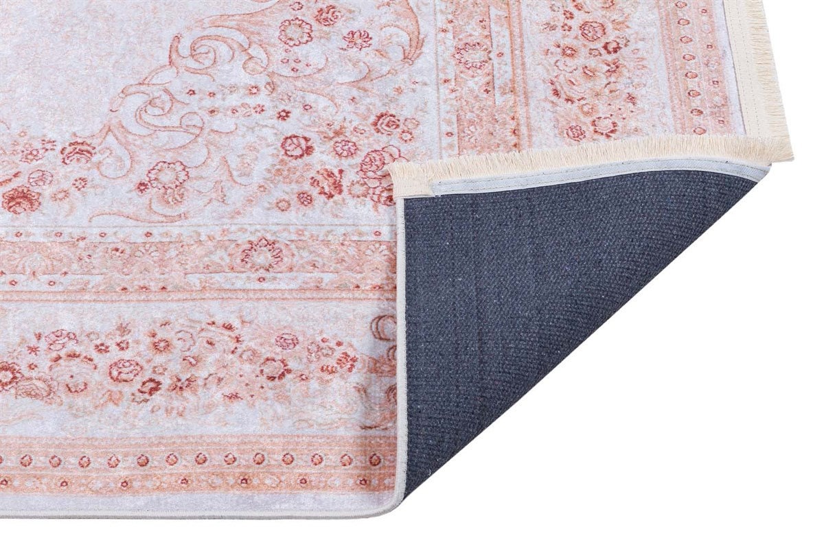 Blush Pink Vintage Floral Area Rug – Washable Traditional Carpet with Border