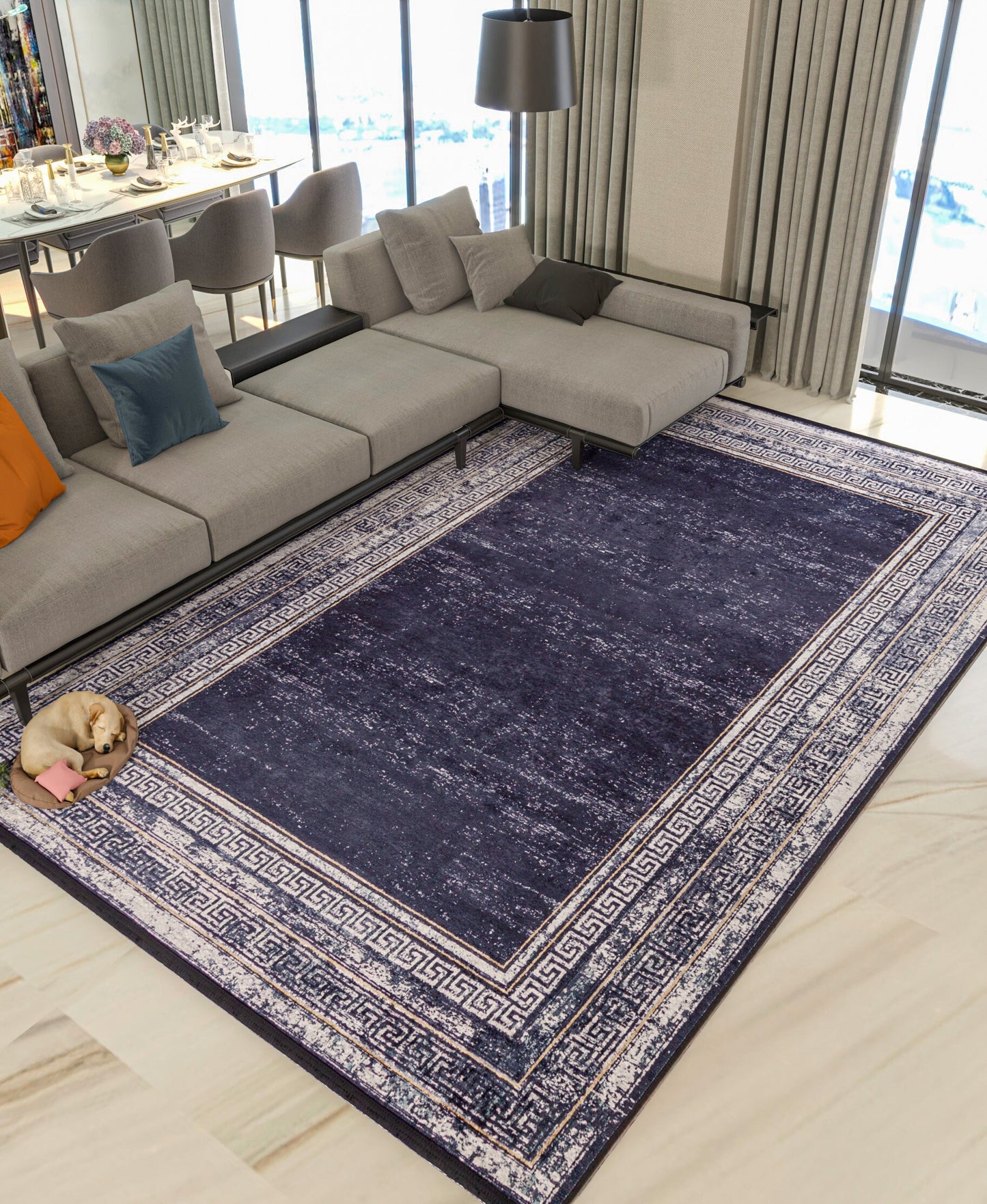Navy Blue Greek Key Distressed Area Rug – Machine Washable Living Room Carpet