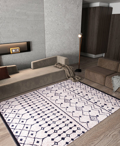 Washable Boho Tribal Rug, Neutral Cream Black Geometric Carpet