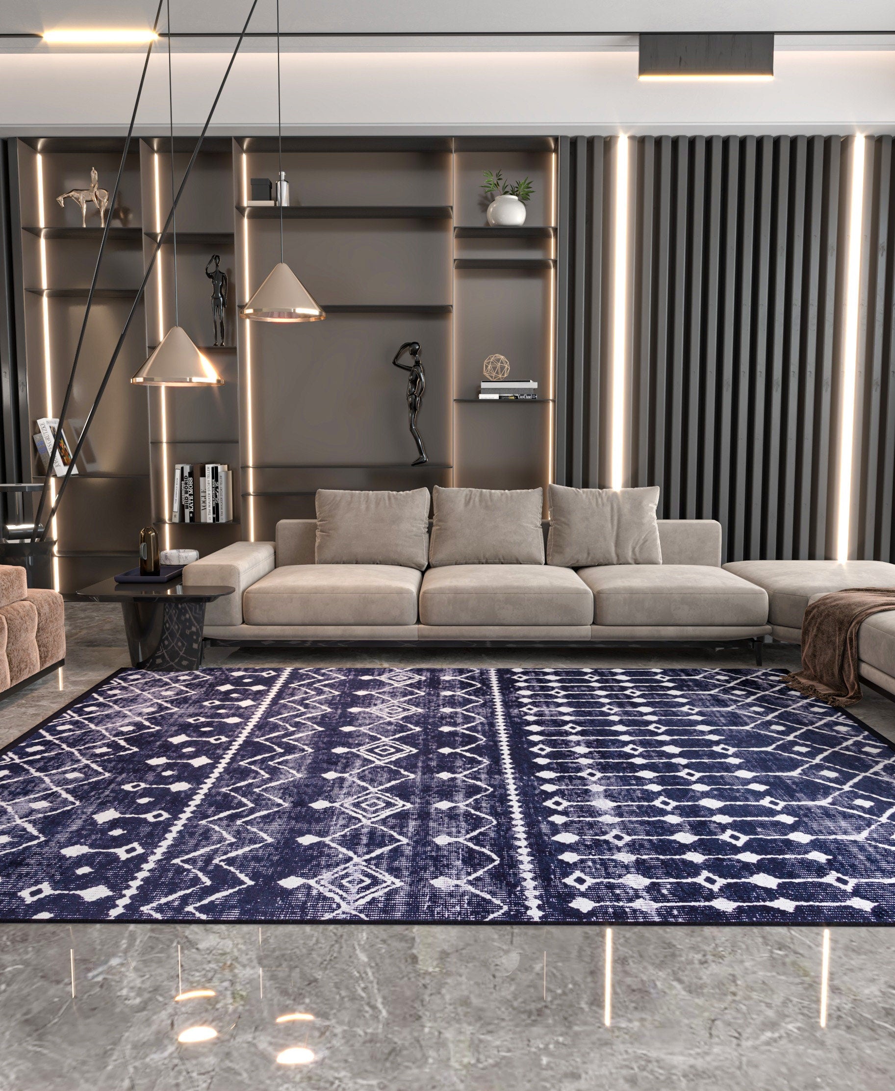 Modern Geometric Washable Area Rug – Black & White Tribal Boho Non-Slip Carpet