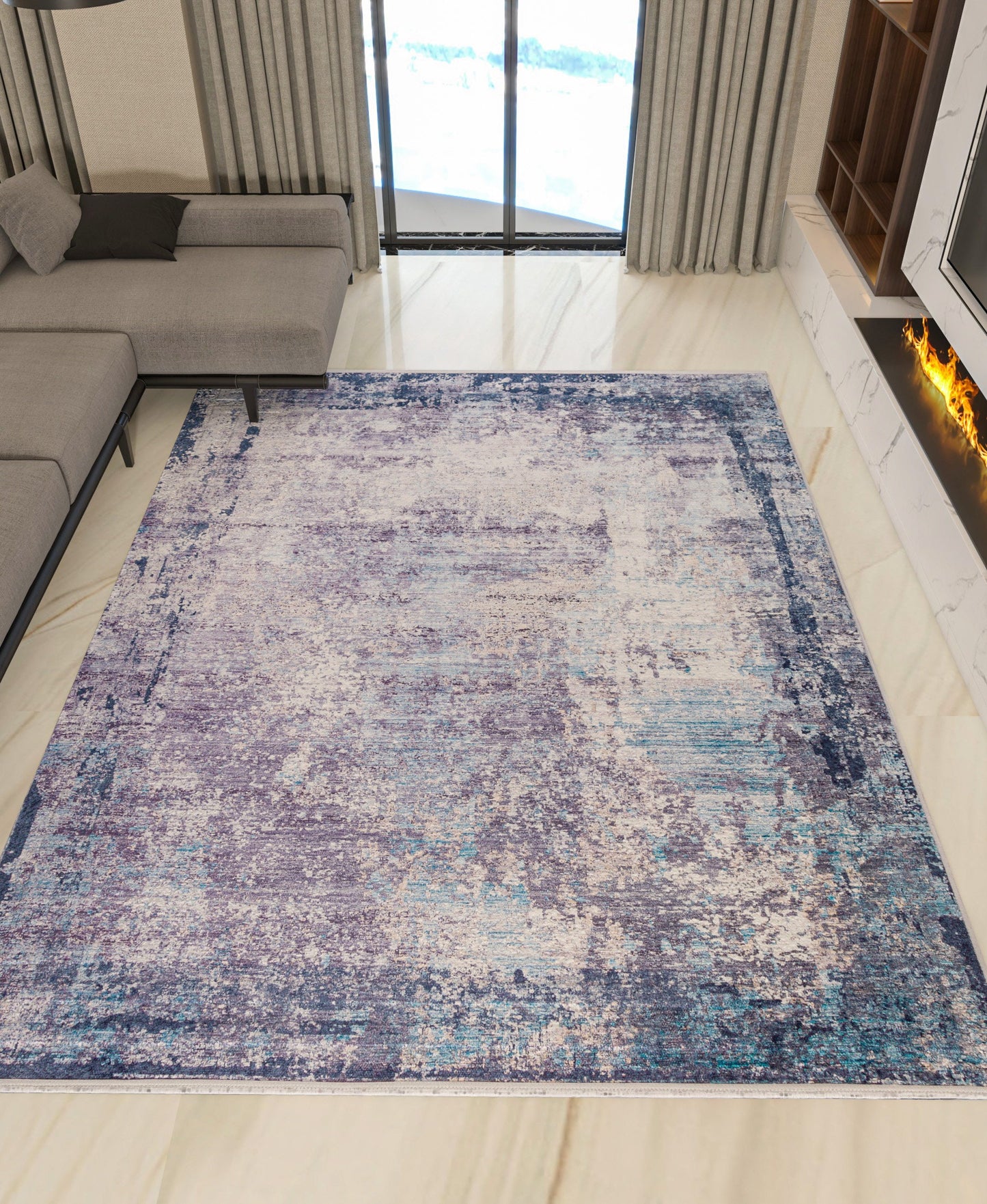 Distressed Abstract Area Rug – Washable Blue Grey Vintage Style Carpet