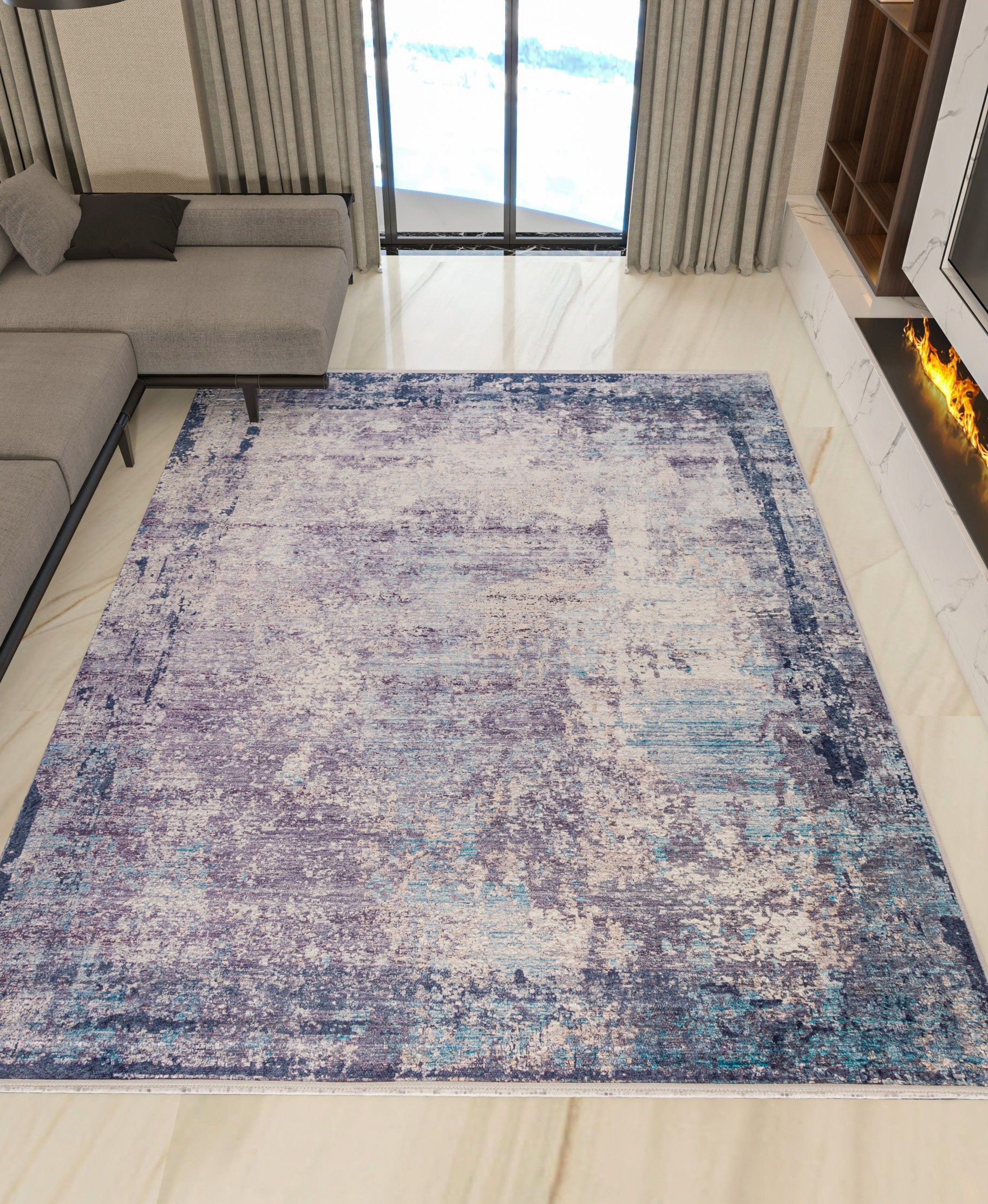 Distressed Abstract Area Rug – Washable Blue Grey Vintage Style Carpet