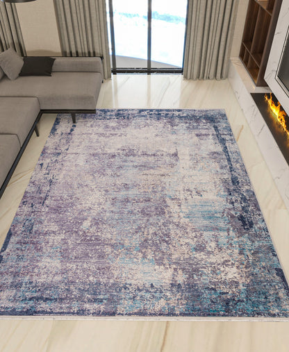 Distressed Abstract Area Rug – Washable Blue Grey Vintage Style Carpet