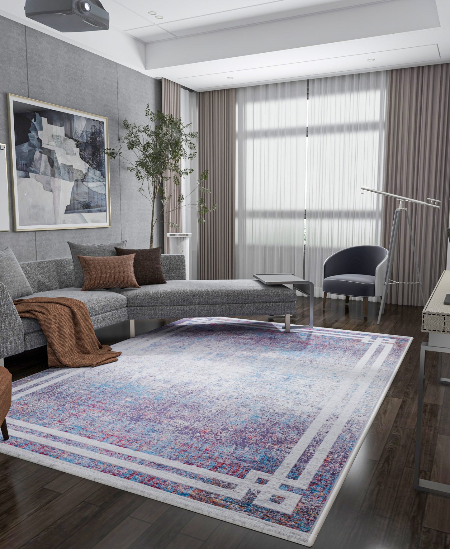 Modern Distressed Area Rug – Purple Blue Abstract Transitional Carpet, Pet Friendly