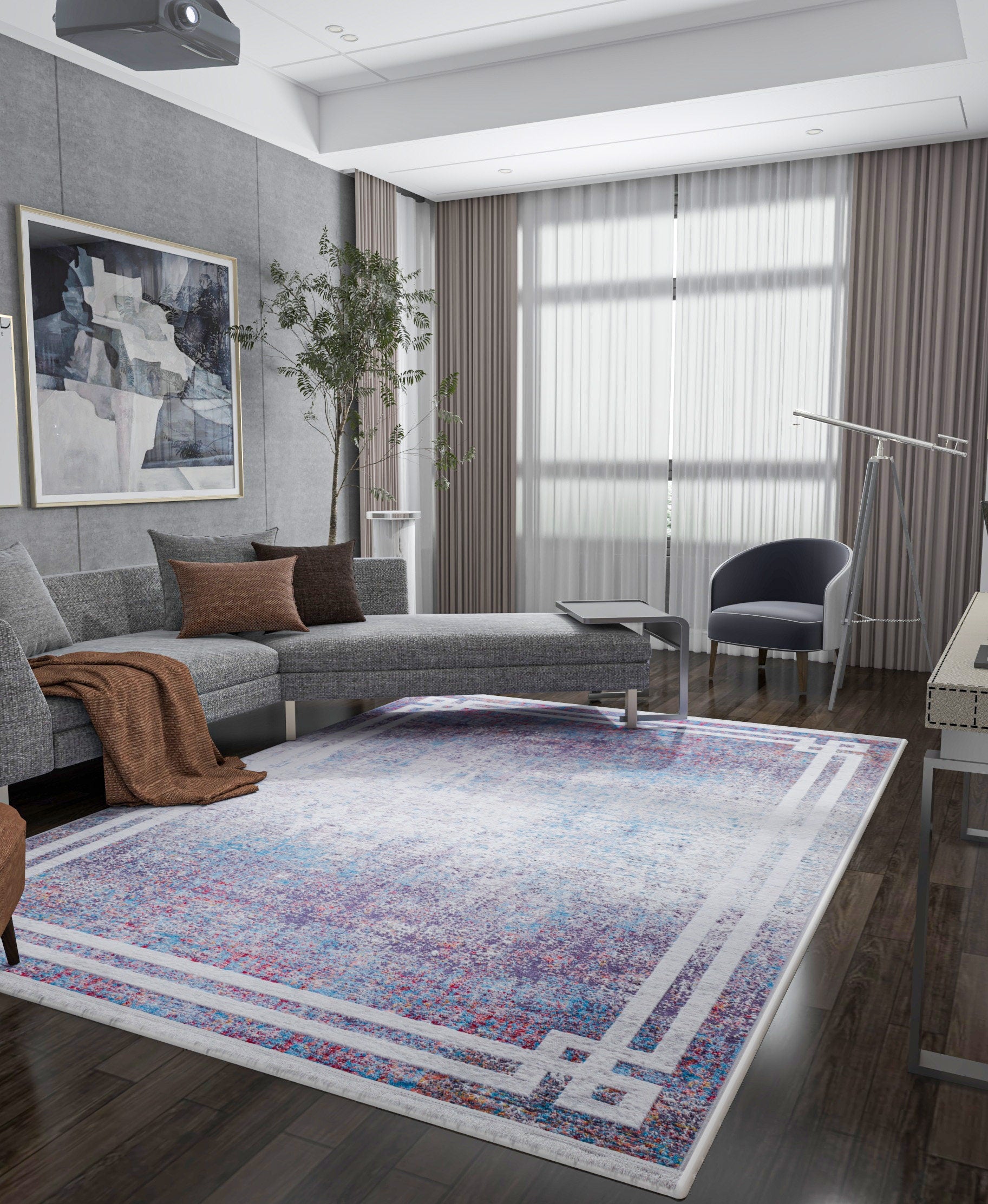 Modern Distressed Area Rug – Purple Blue Abstract Transitional Carpet, Pet Friendly