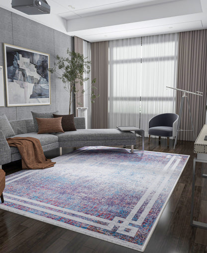 Modern Distressed Area Rug – Purple Blue Abstract Transitional Carpet, Pet Friendly