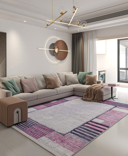 Modern Pink Geometric Rug: Washable Turkish Style