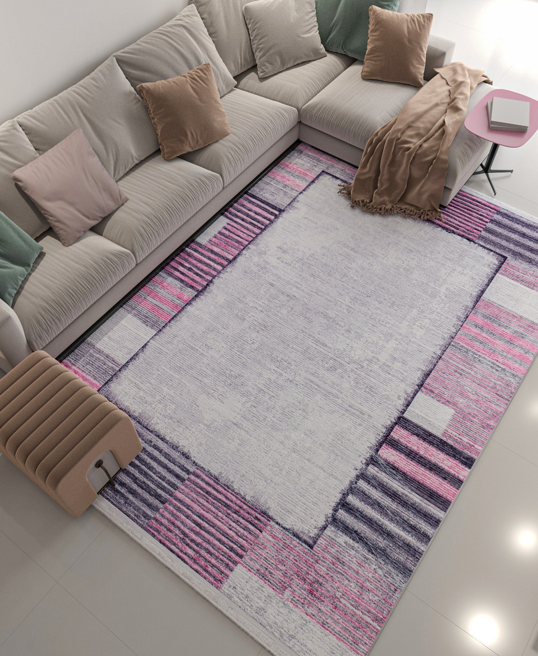 Modern Pink Geometric Rug: Washable Turkish Style