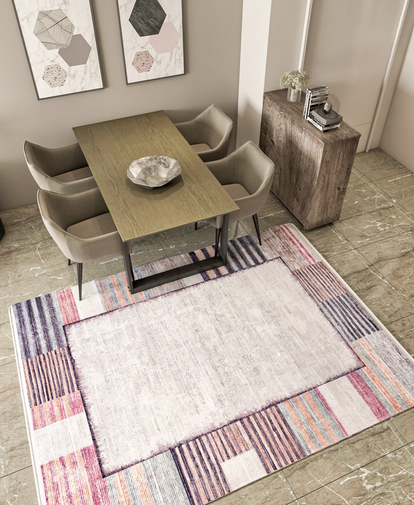 Purple Burnt Orange Geometric Abstract Low Pile Boho Living Room Rug