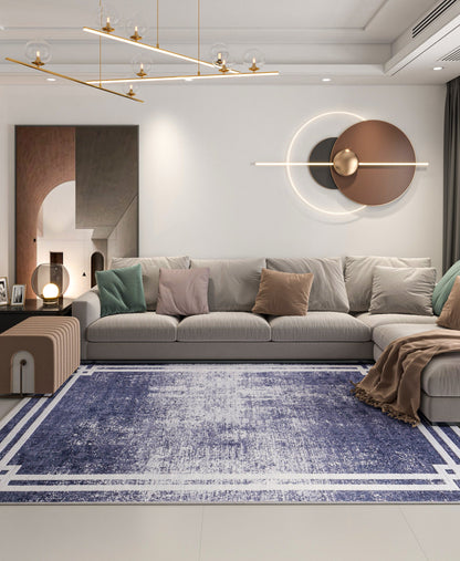 Modern Distressed Navy Blue & White Washable Area Rug – Faded Transitional Geometric Border Design