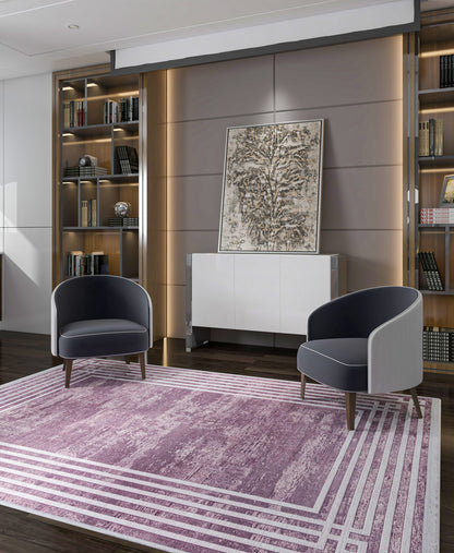 Pink Vintage Geometric Border Area Rug – Washable Pastel Living Room Carpet