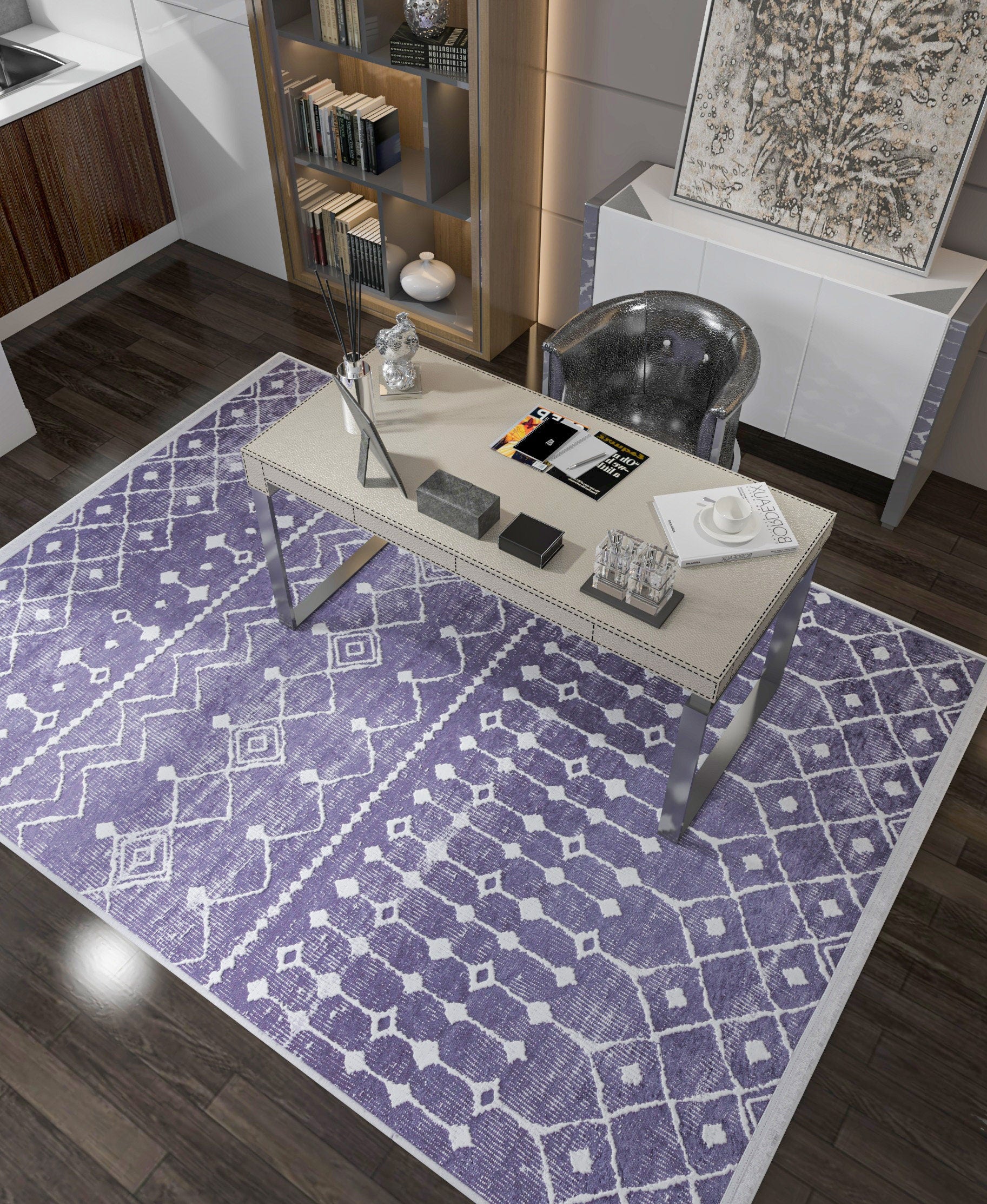 Purple Geometric Tribal Moroccan Style Rug, Scandinavian Living Room Carpet