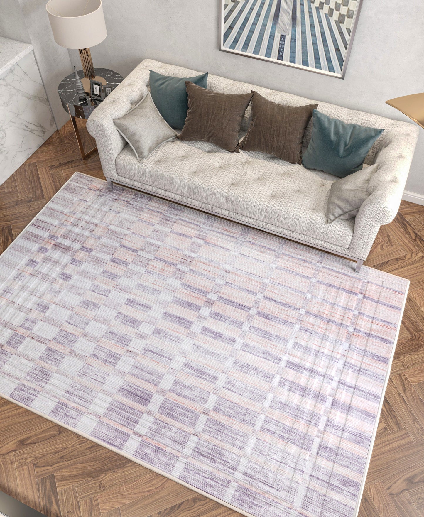 Geometric Beige Rug: Modern Turkish Style, Washable Carpet