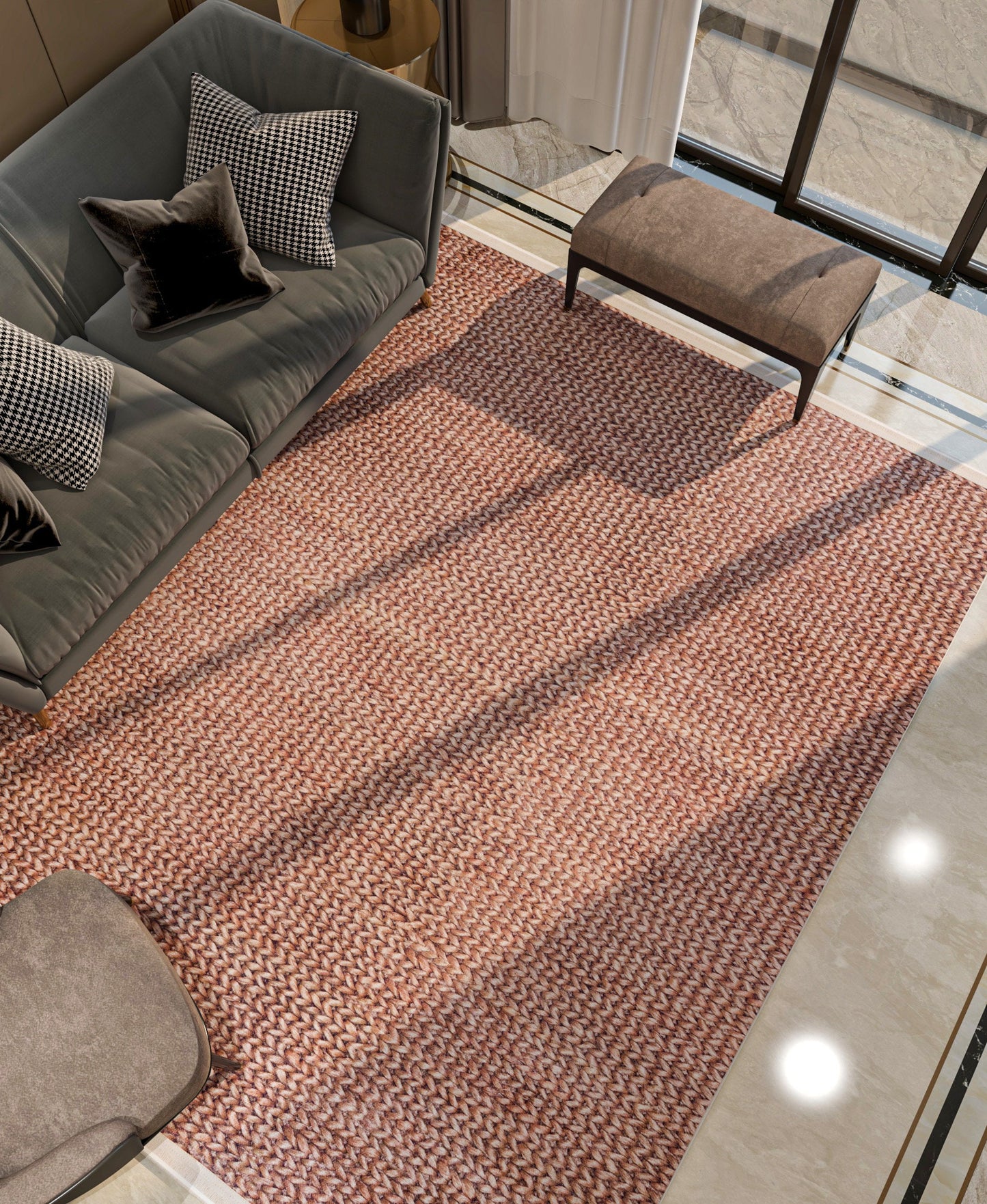 Dusty Rose Chunky Knit Print Area Rug – Washable Boho Faux Wool Weave Home Decor