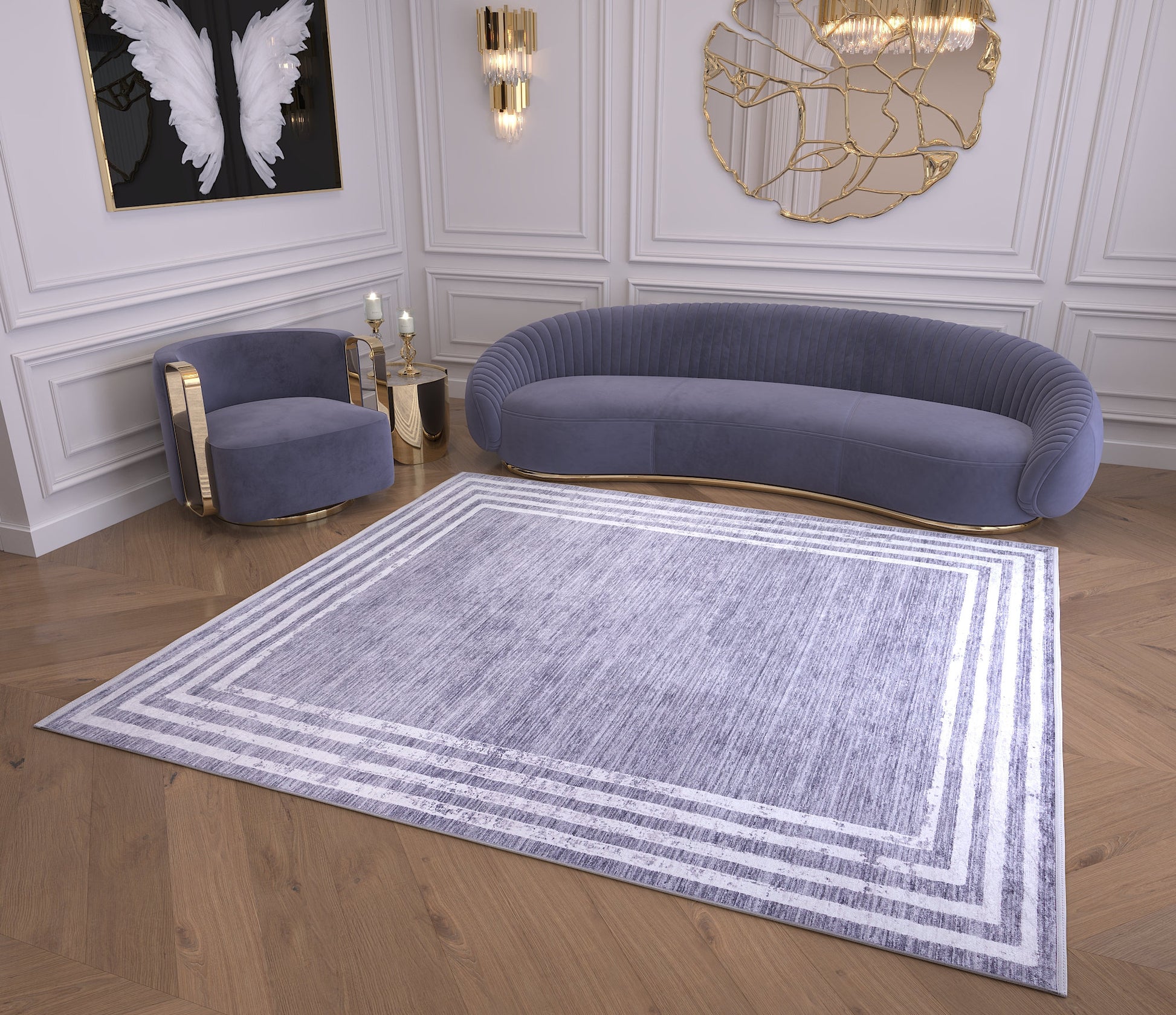 Gray Distressed Border Area Rug, Scandi Style, Machine Washable, Non-Slip
