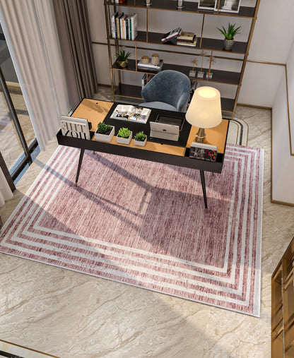 Distressed Rose Pink Bordered Area Rug – Machine Washable Modern Bohemian Carpet