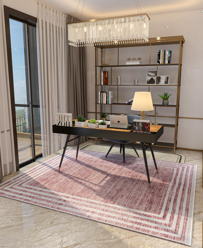Distressed Rose Pink Bordered Area Rug – Machine Washable Modern Bohemian Carpet