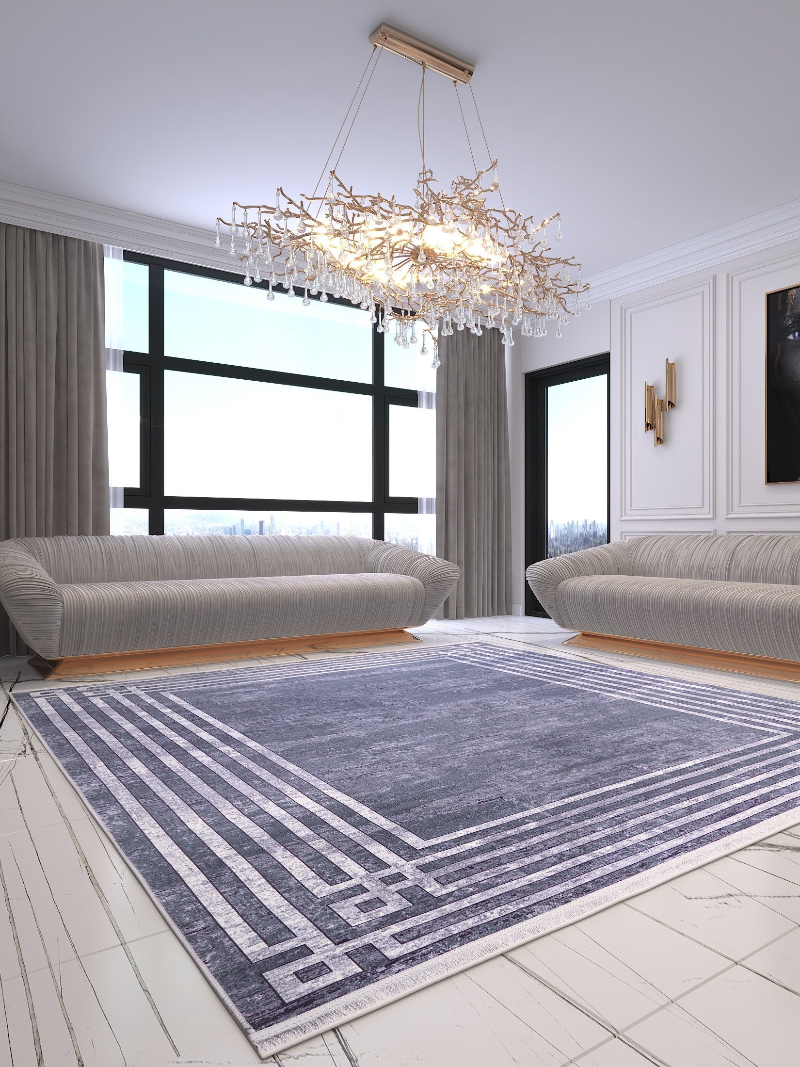 Modern Gray Geometric Area Rug, Washable Scandinavian Style Carpet