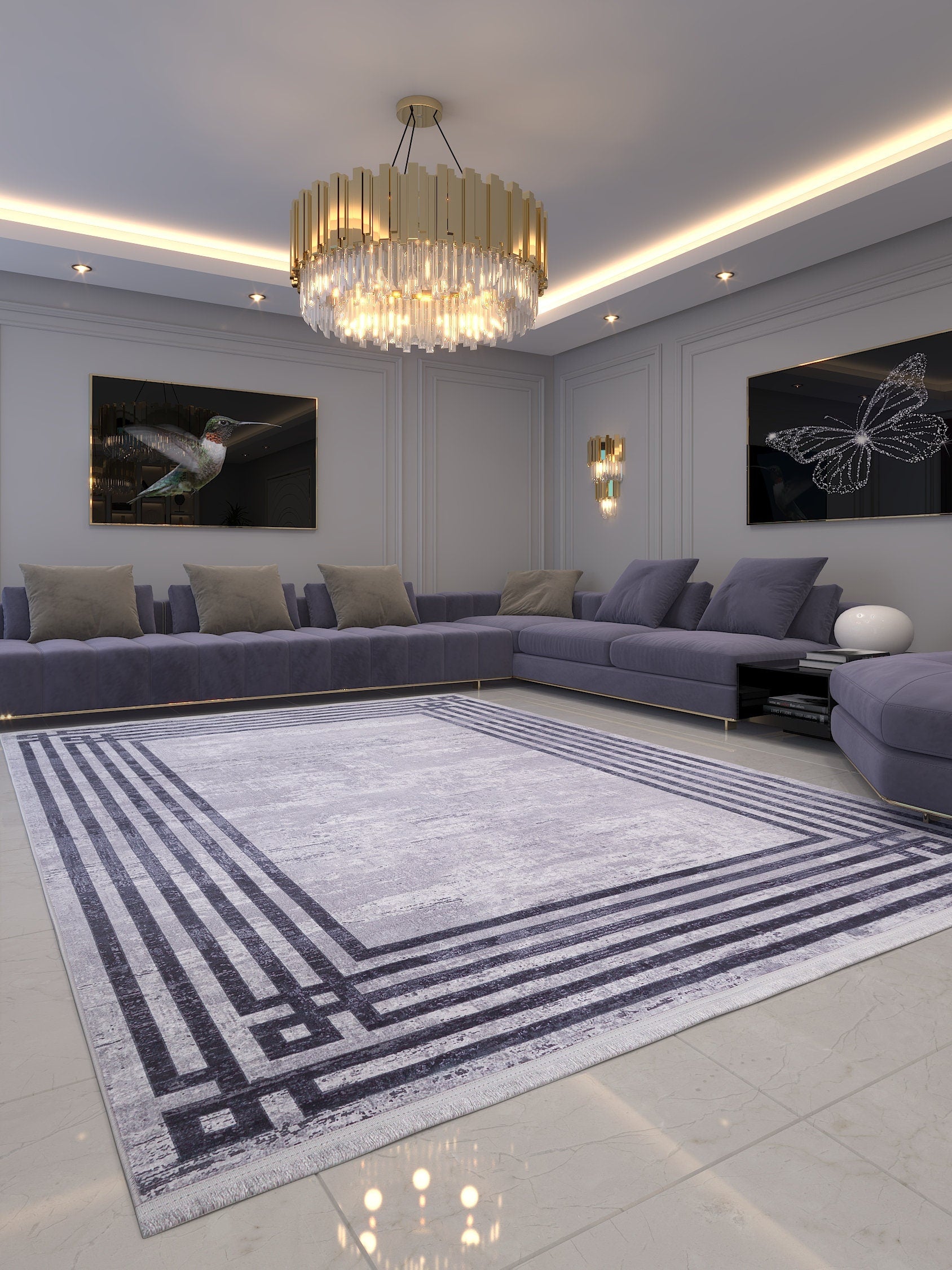 Modern Geometric Area Rug, Grey Black Border Living Room Carpet, Washable Floor Mat