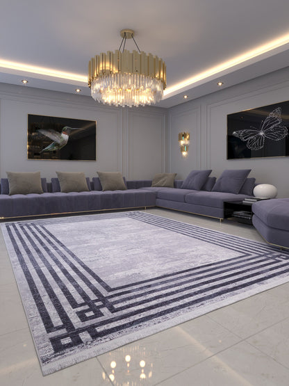 Modern Geometric Area Rug, Grey Black Border Living Room Carpet, Washable Floor Mat