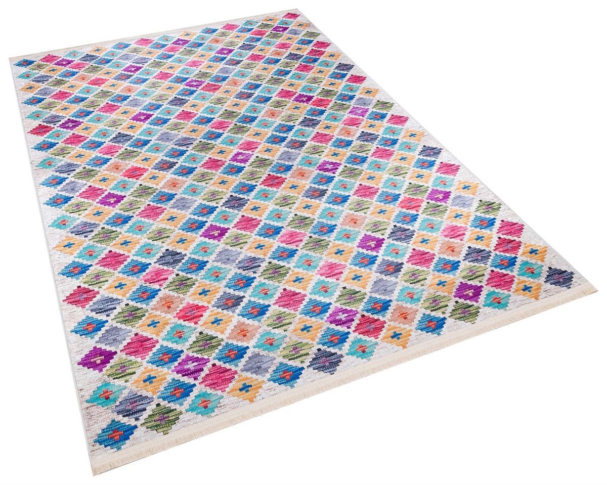 Colorful Boho Diamond Rug – Tribal Kilim Style, Machine Washable Carpet