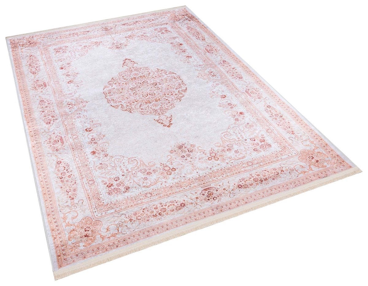 Distressed Oriental Medallion Rug, Boho Blush Carpet, Washable Living Room Area Rug
