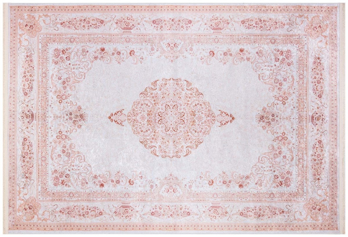 Distressed Oriental Medallion Rug, Boho Blush Carpet, Washable Living Room Area Rug