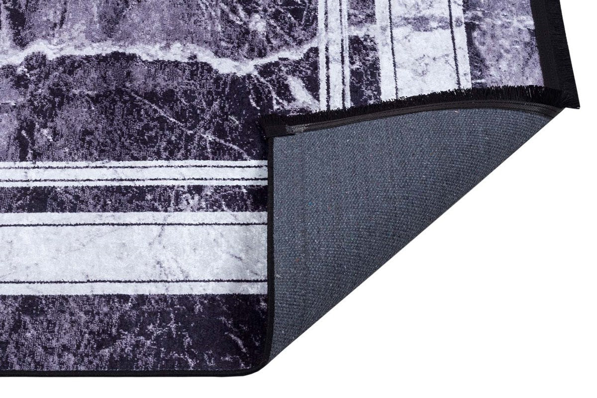 Modern Black Marble Area Rug, Dark Grey Stone Pattern Carpet, Minimalist Border Rug