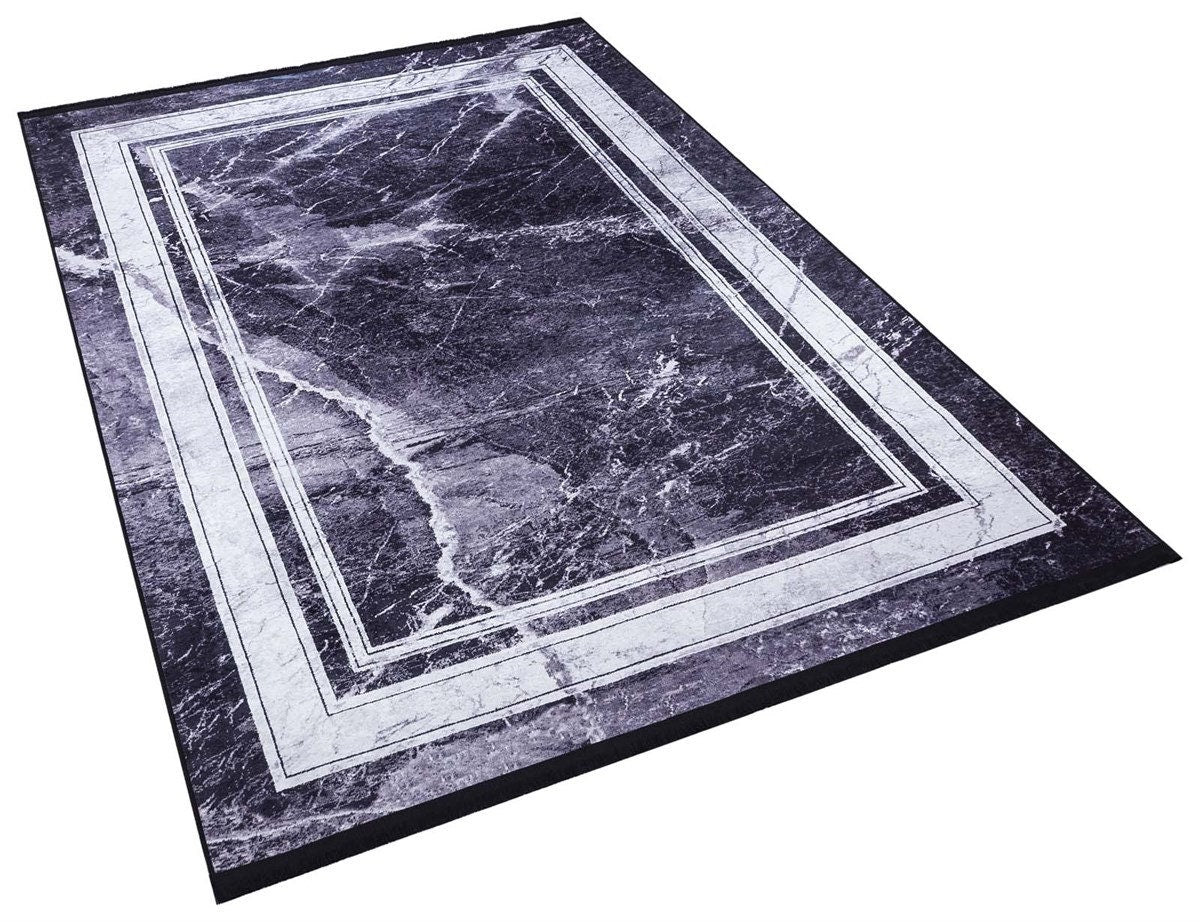Modern Black Marble Area Rug, Dark Grey Stone Pattern Carpet, Minimalist Border Rug