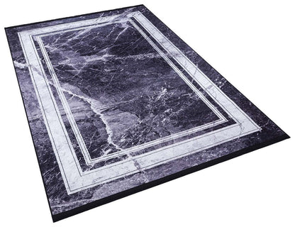 Modern Black Marble Area Rug, Dark Grey Stone Pattern Carpet, Minimalist Border Rug