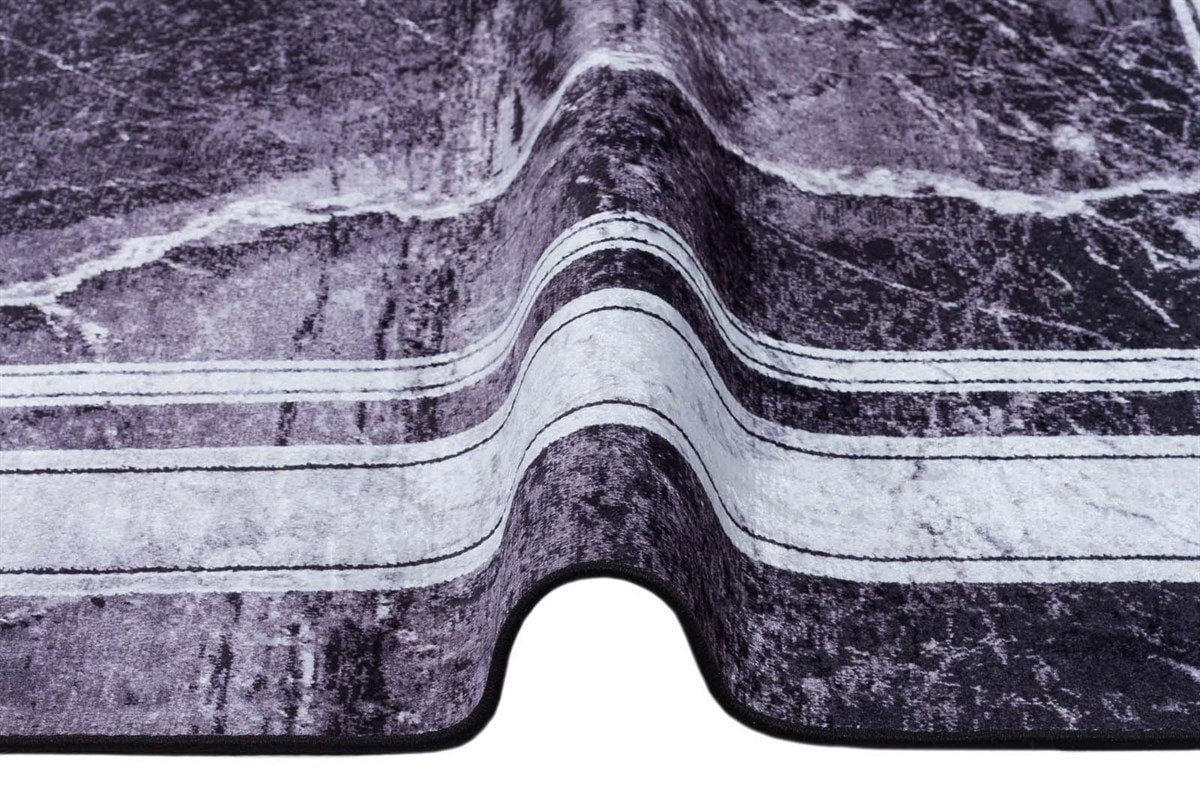 Modern Black Marble Area Rug, Dark Grey Stone Pattern Carpet, Minimalist Border Rug