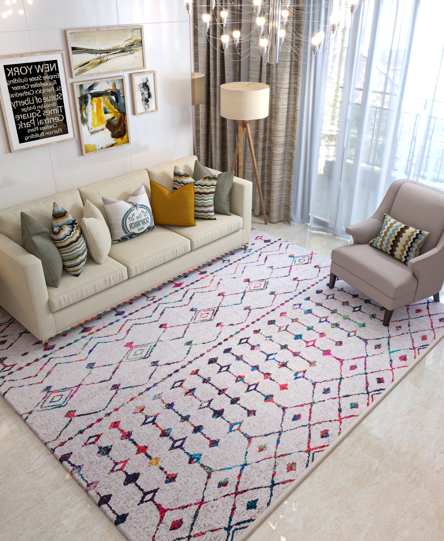 Boho Moroccan Area Rug – Colorful Tribal Geometric Carpet, Washable Bohemian Living Room
