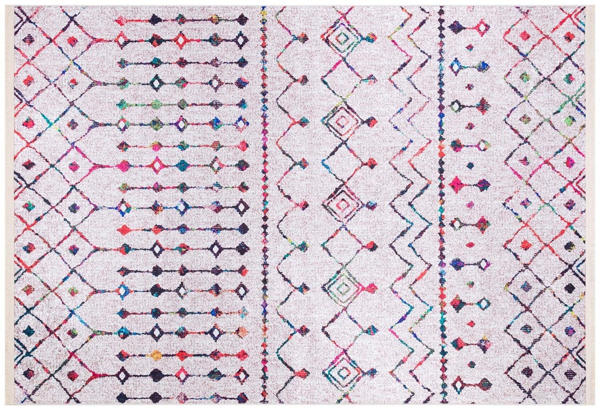 Boho Moroccan Area Rug – Colorful Tribal Geometric Carpet, Washable Bohemian Living Room