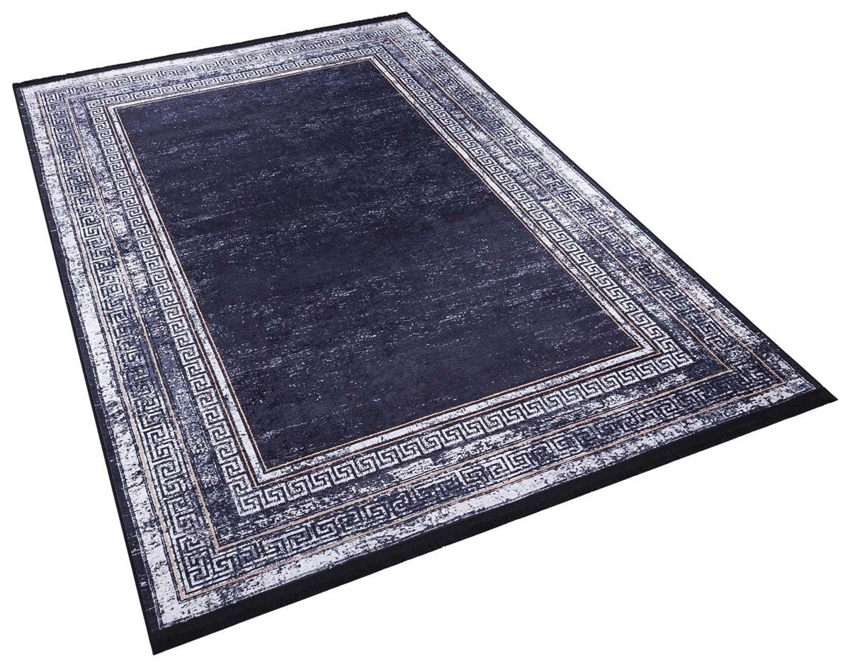 Navy Blue Greek Key Distressed Area Rug – Machine Washable Living Room Carpet