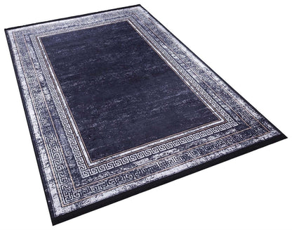 Navy Blue Greek Key Distressed Area Rug – Machine Washable Living Room Carpet