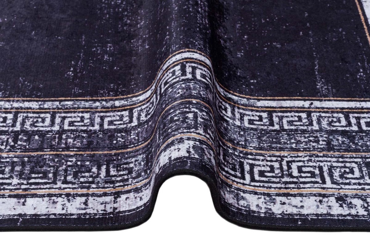 Navy Blue Greek Key Distressed Area Rug – Machine Washable Living Room Carpet