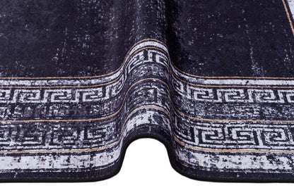 Navy Blue Greek Key Distressed Area Rug – Machine Washable Living Room Carpet