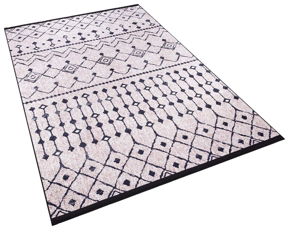 Washable Boho Tribal Rug, Neutral Cream Black Geometric Carpet