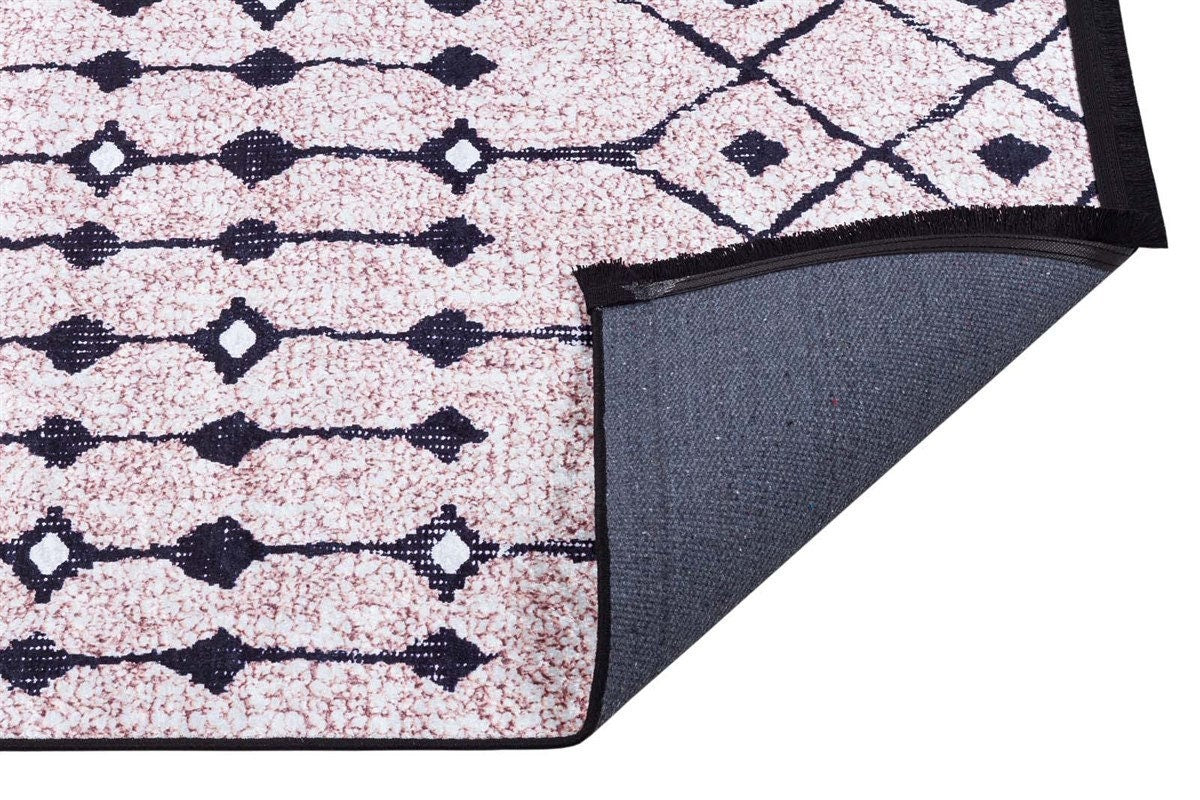Washable Boho Tribal Rug, Neutral Cream Black Geometric Carpet