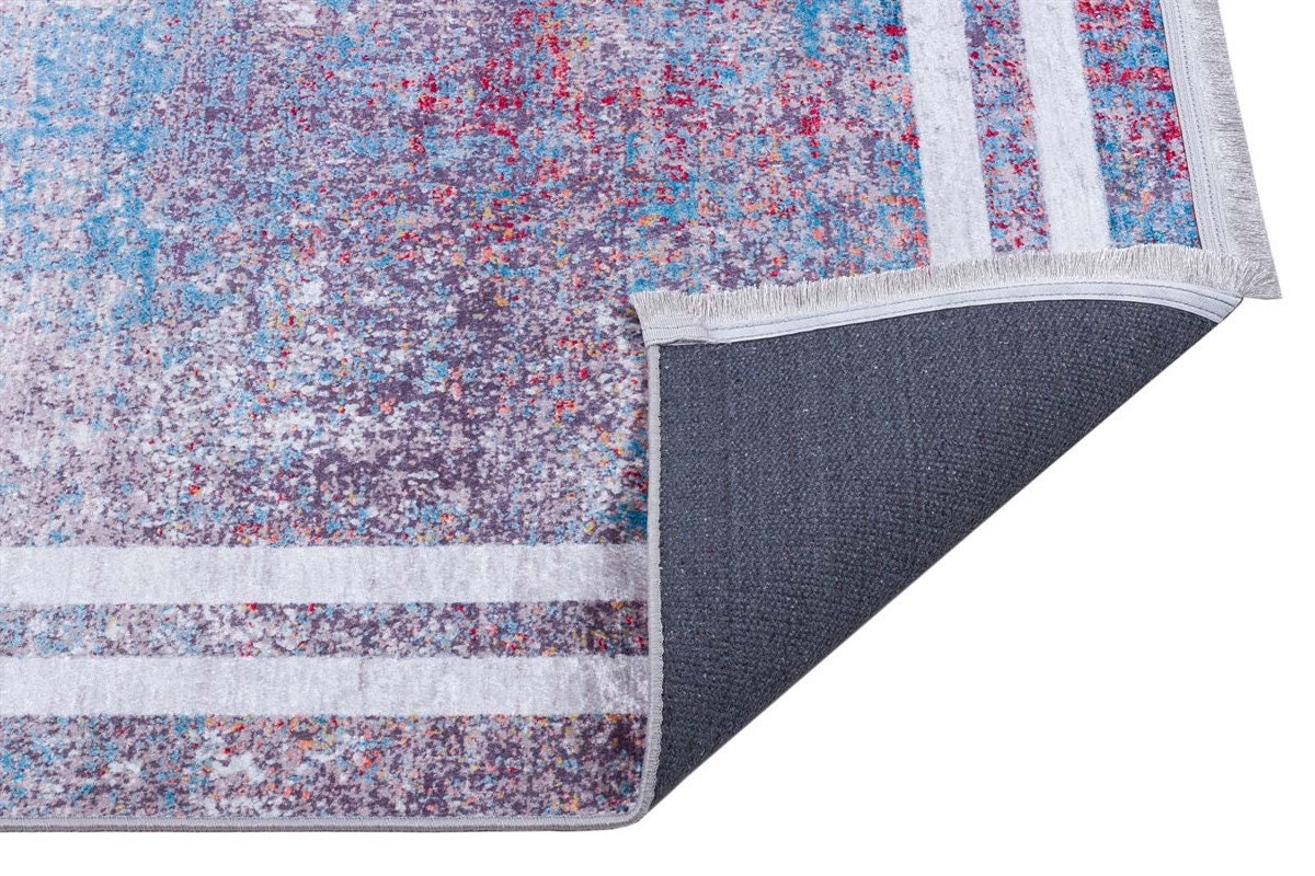Modern Distressed Area Rug – Purple Blue Abstract Transitional Carpet, Pet Friendly
