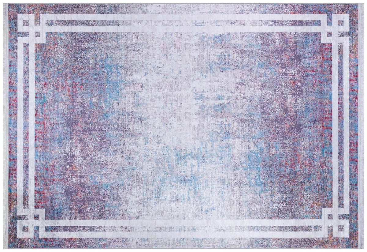Modern Distressed Area Rug – Purple Blue Abstract Transitional Carpet, Pet Friendly