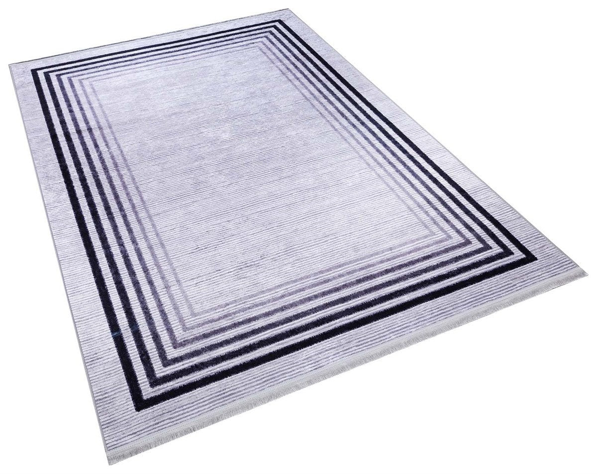 Modern Geometric Border Rug – Washable Gray Black Carpet, Thin Non-Slip Living Room Rug