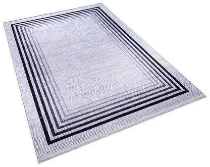 Modern Geometric Border Rug – Washable Gray Black Carpet, Thin Non-Slip Living Room Rug