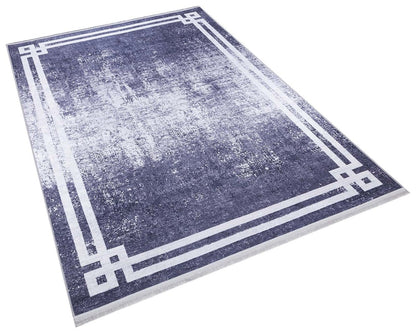 Modern Distressed Navy Blue & White Washable Area Rug – Faded Transitional Geometric Border Design