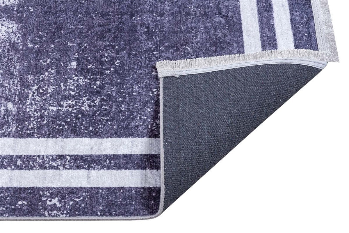 Modern Distressed Navy Blue & White Washable Area Rug – Faded Transitional Geometric Border Design