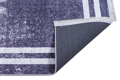 Modern Distressed Navy Blue & White Washable Area Rug – Faded Transitional Geometric Border Design