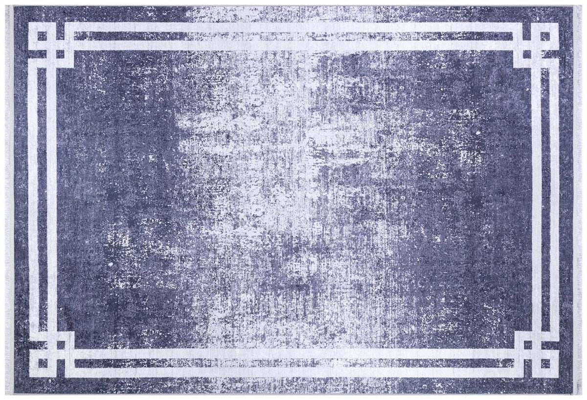 Modern Distressed Navy Blue & White Washable Area Rug – Faded Transitional Geometric Border Design