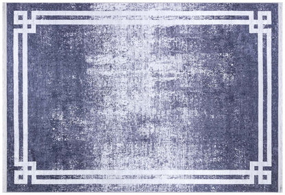 Modern Distressed Navy Blue & White Washable Area Rug – Faded Transitional Geometric Border Design