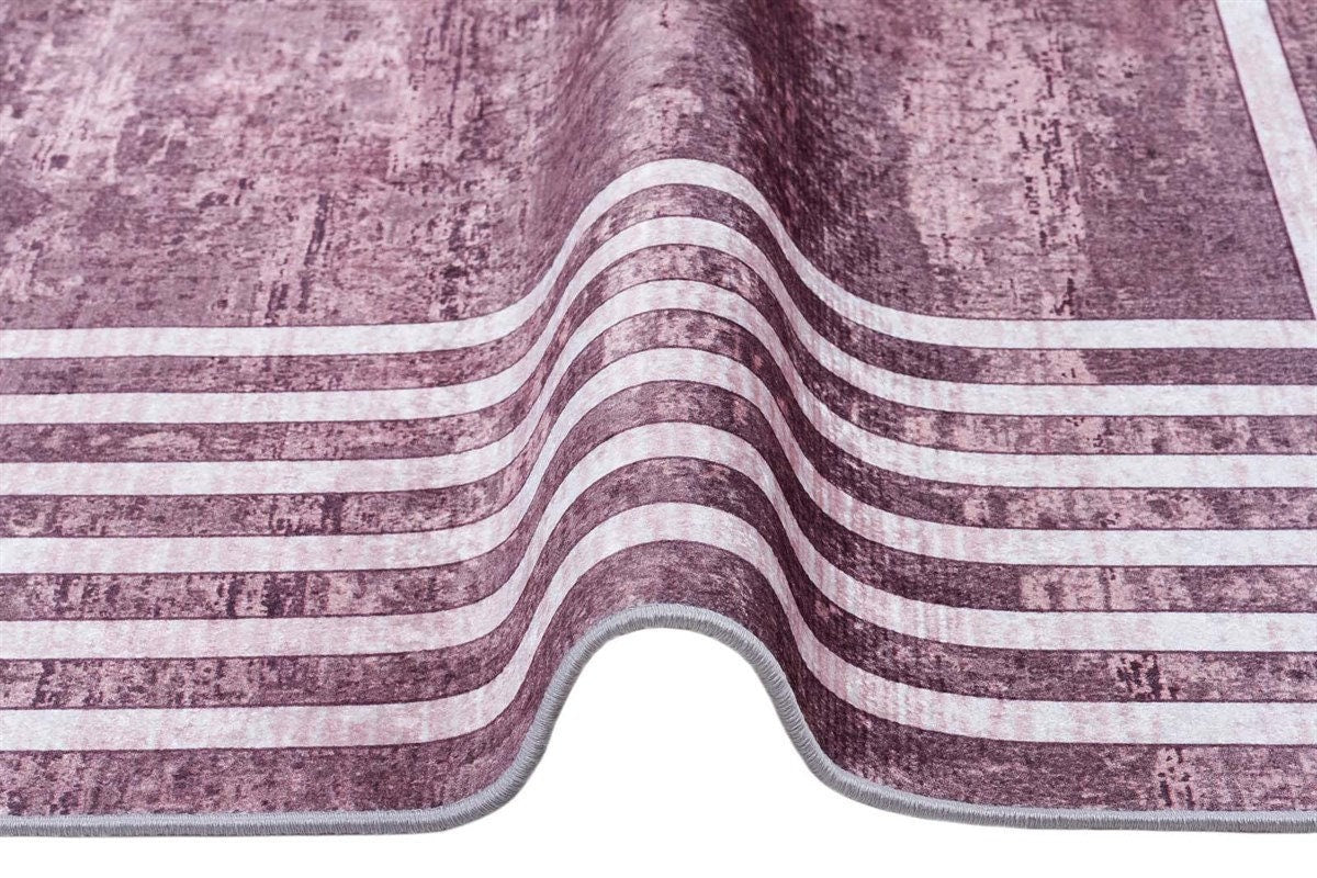 Pink Vintage Geometric Border Area Rug – Washable Pastel Living Room Carpet